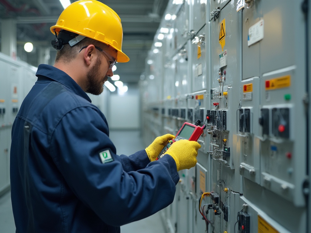 Bir elektrik mühendisi, büyük bir sanayi tipi elektrik panosunun kontrolünü yapıyor.